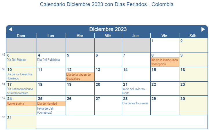 Calendario Almanaque Diciembre 2023 Con Festivos