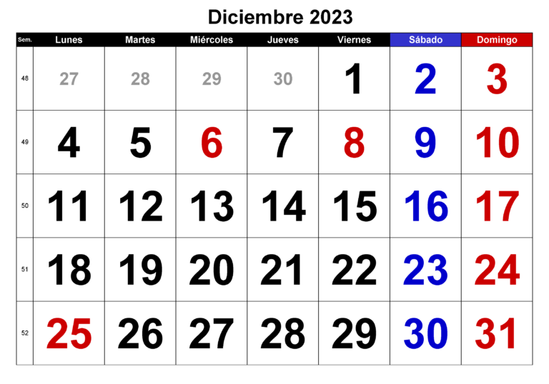 Calendario Diciembre 2023 Argentina para imprimir