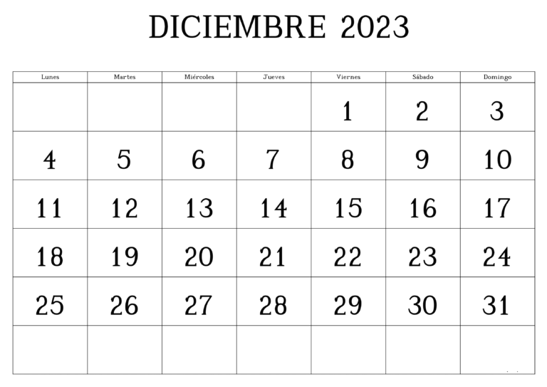 Calendario Diciembre 2023 Para Imprimir