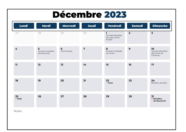 Calendrier Décembre 2023