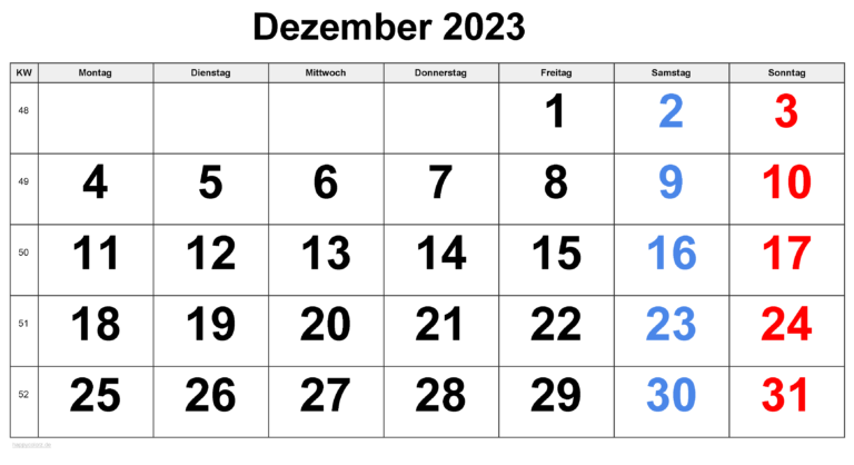 Dezember 2023 mit Feiertagen PDF