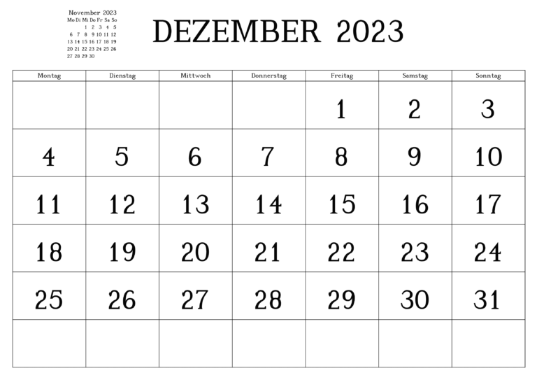 Kalender Dezember 2023 PDF & Excel