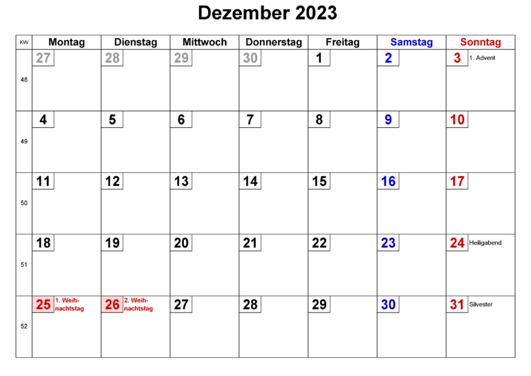 Kalender Juli bis Dezember 2023 Zum Ausdrucken