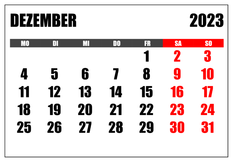 Leer kalender dezember 2023 excel