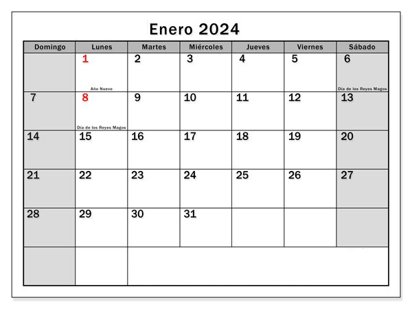 Calendario Enero 2024 en PDF