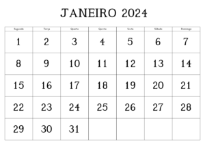 Calendário Janeiro 2024 Para imprimir