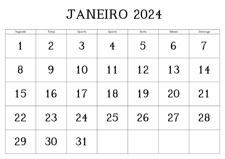 Calendário Janeiro 2024 Para imprimir