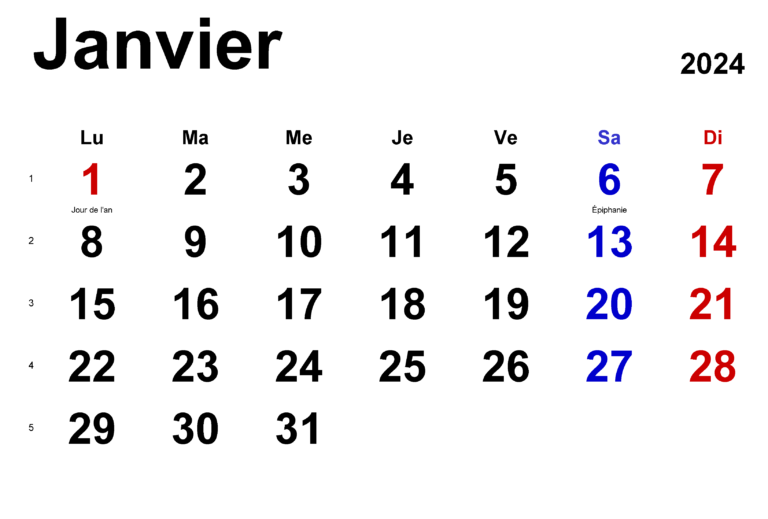 Calendrier Janvier 2024 Word