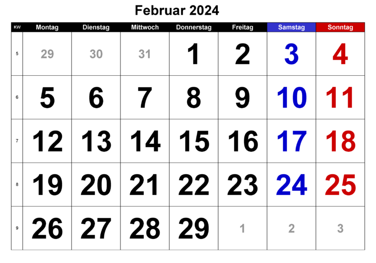 Kalender Februar 2024 Zum Ausdrucken