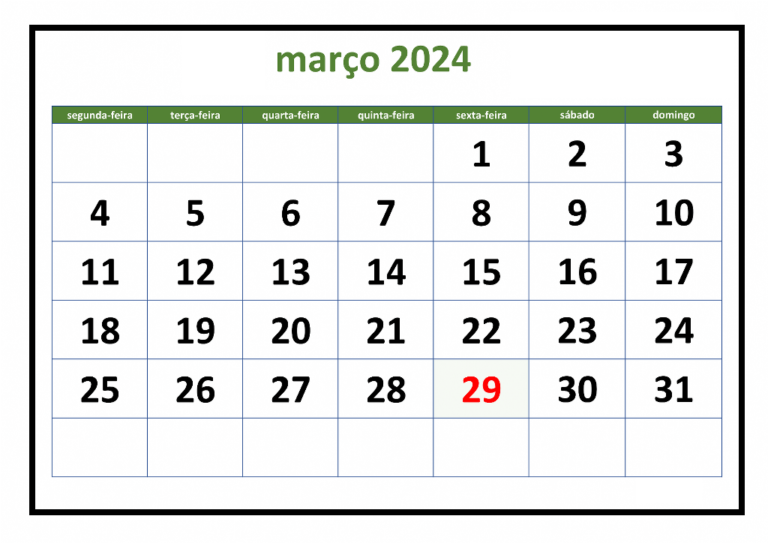 Calendário 2024 Março PDF