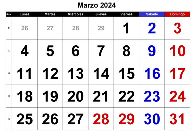 Calendario Marzo 2024 PDF Excel Word