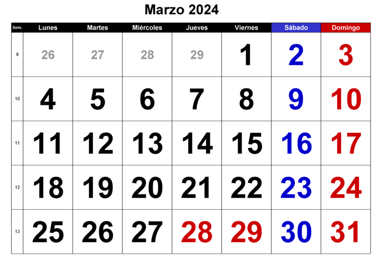 Calendario Marzo 2024 Para Imprimir PDF Gratis