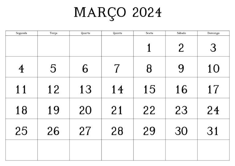 Calendário Mensal Março 2024 Imprimir