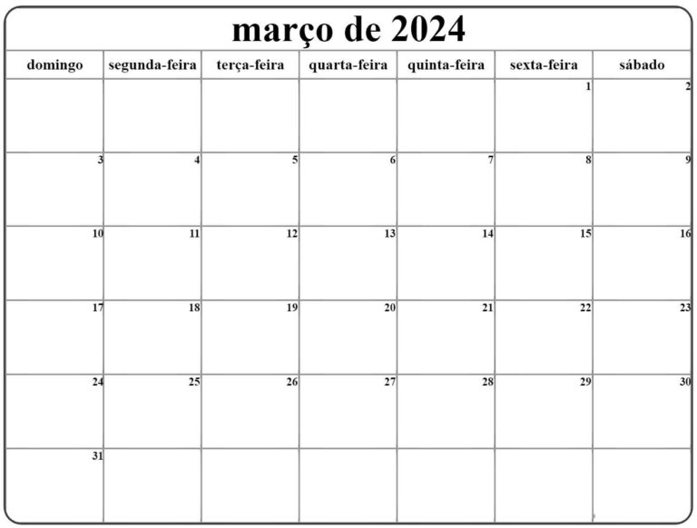 Calendário Mes De Março 2024 Para Imprimir