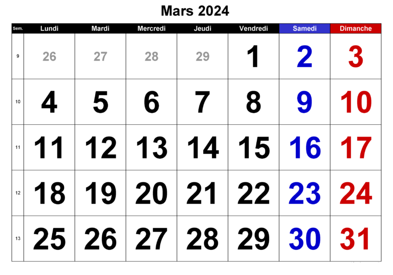 Calendrier Mars 2024 À Imprimer Mois Par Mois