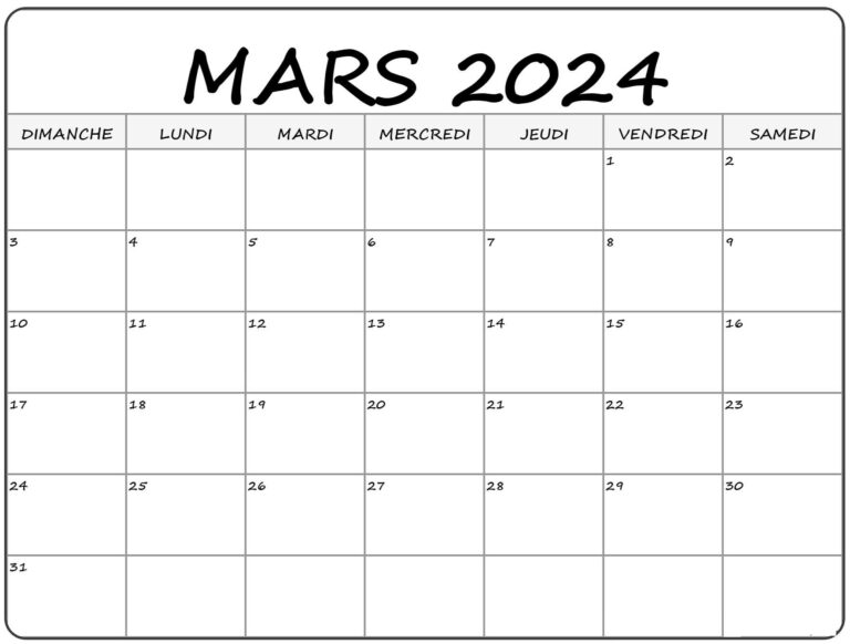 Calendrier Mars 2024 Printable