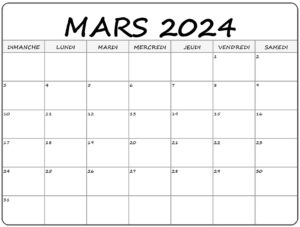 Calendrier Mars 2024 PDF PNG