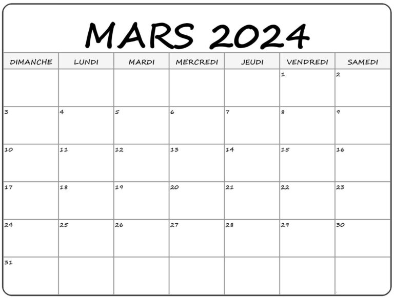 Calendrier Mars 2024 PDF PNG