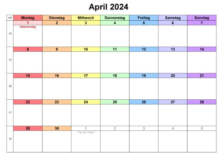 Kalender Monat April 2024 Zum Ausdrucken