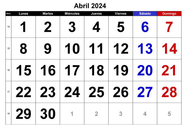 Calendario Abril 2024 Chile Word